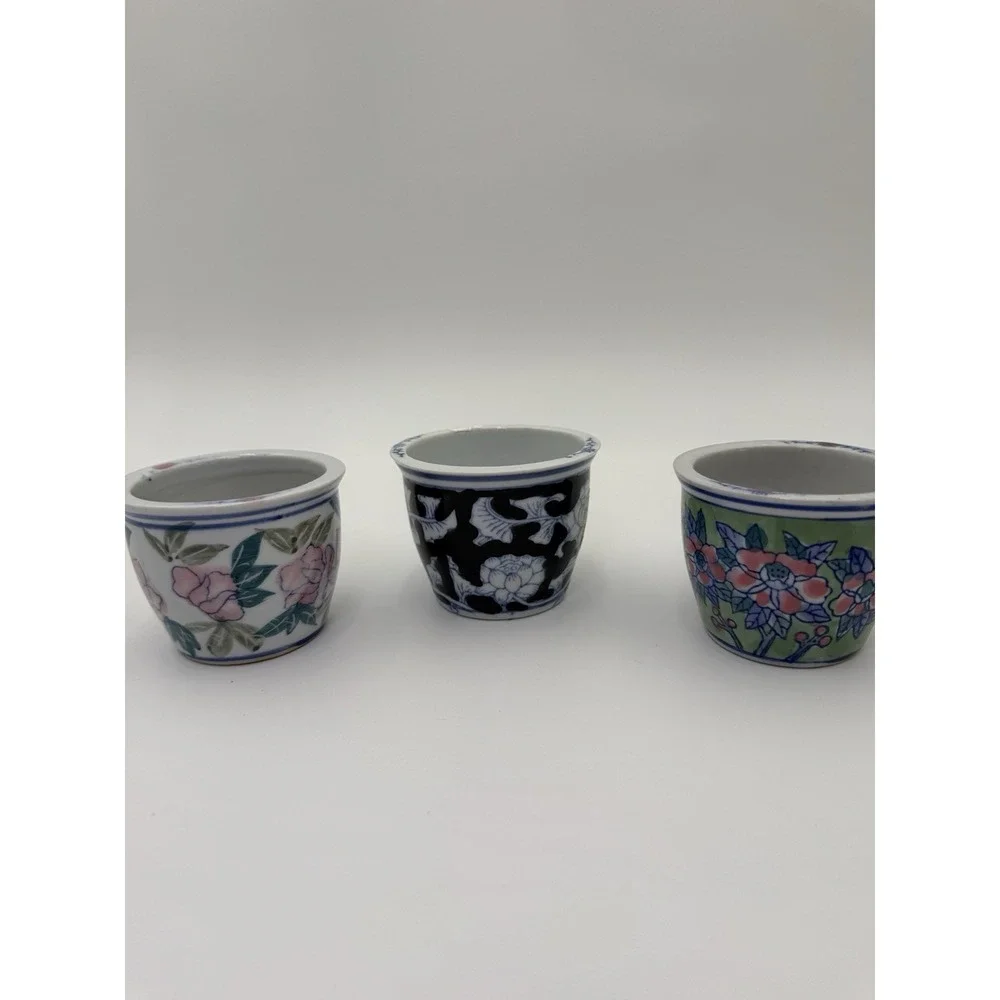 Vintage Trio‎ of Mini Chinoiserie Porcelain Planter Floral 3